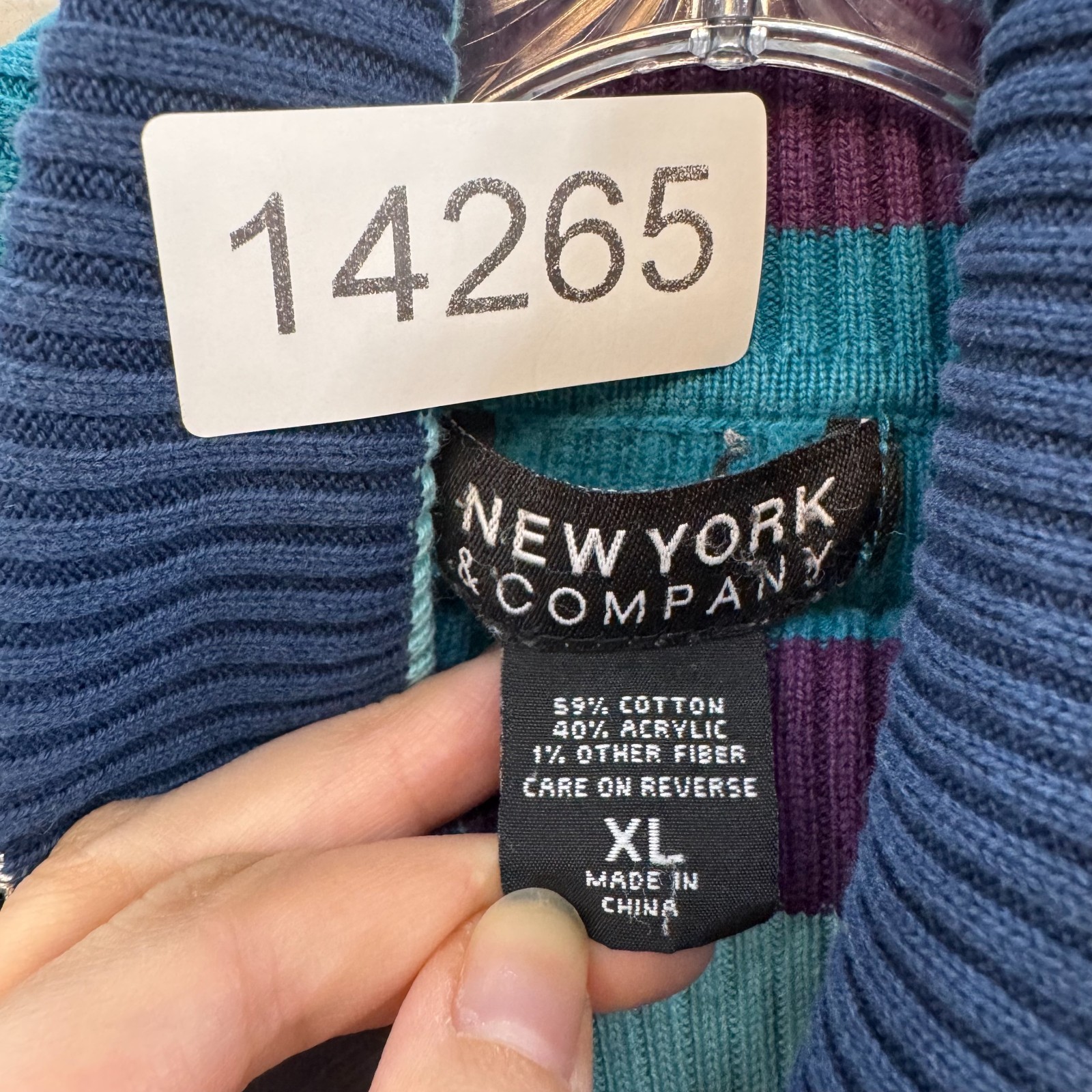 Y2K Vintage Striped Turtleneck Sweater Large XL Womens Blue Purple Rib Knit