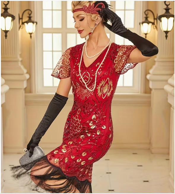 FLAPPER 1920s DRESS-1920s RED Sequin Gatsby Party Dress with Tassels 3 Sizes