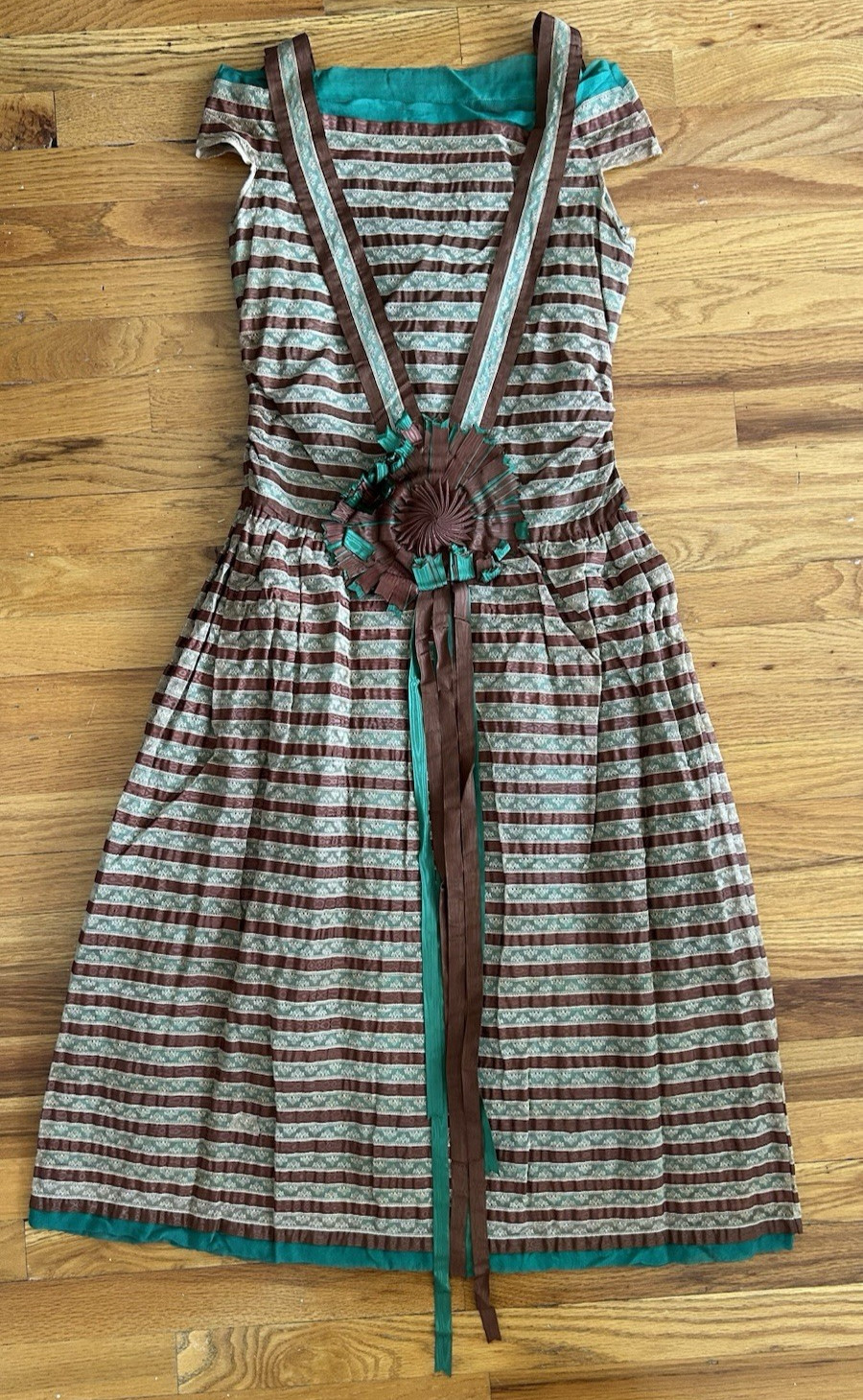 Antique VTG 1920’s green & brown John Wanamaker dress w/sash flapper