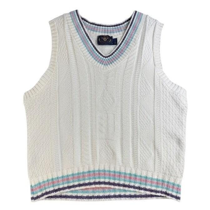 Vintage Coastal Golf Tennis Sweater Vest Cable Knit Pastel Trim USA M