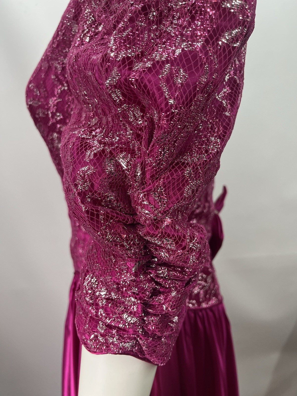 Vtg 80s Hot Pink Satin Dress 3 Bow Back Rhinestone Metallic Lace Prom Formal 10