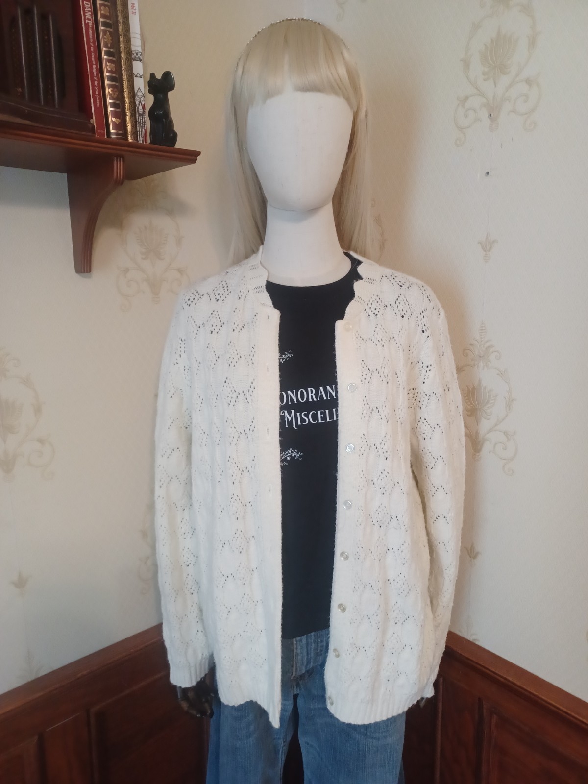 Vintage 1960s/1970s Kenneth Too Ivory-Colored Open Knit Sweater Girl Cardigan