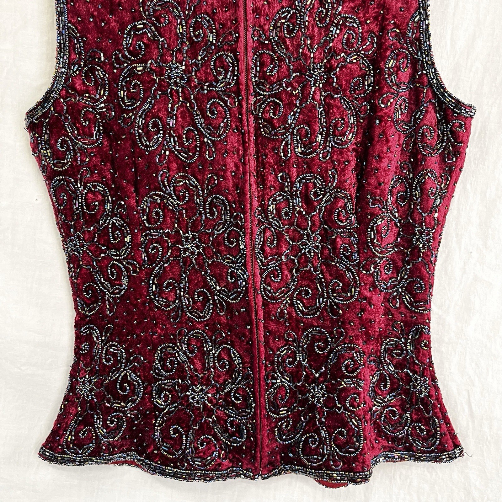 Vintage Paradise NY Beaded Velvet Floral Sleeveless Top Maroon Zip Size Small S