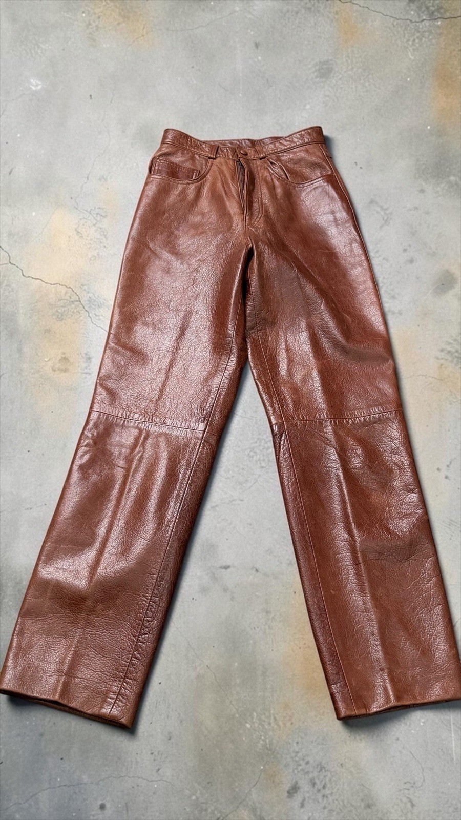 Vintage 70s Cognac Leather Pants Womens 4 High Rise Straight Leg Handmade