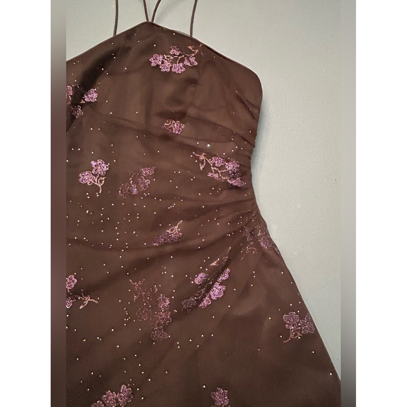 Vintage Y2K 90’s Onyx Nite Brown Satin Party Dress w/ Sparkles and Lace Overlay