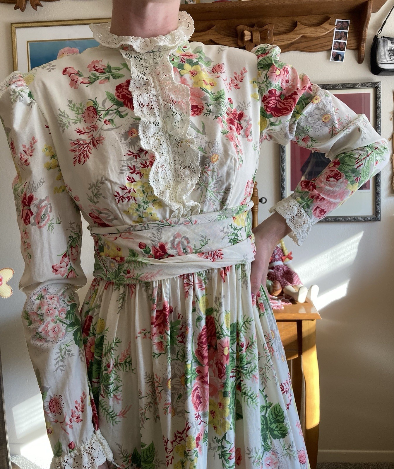 1970s Dreamy Floral Lace & Ruffle Maxi Dress, Bust 34in