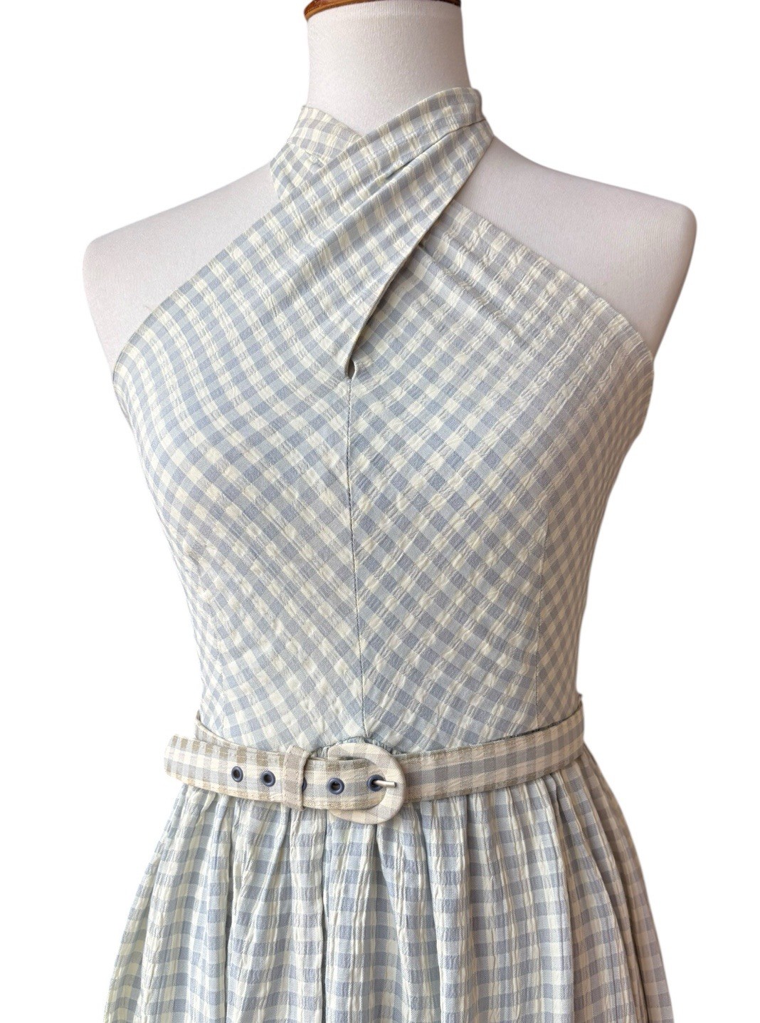 Vtg Claude Rene NY Gray White Polka Dot Belted Halter Dress 1990’s Small