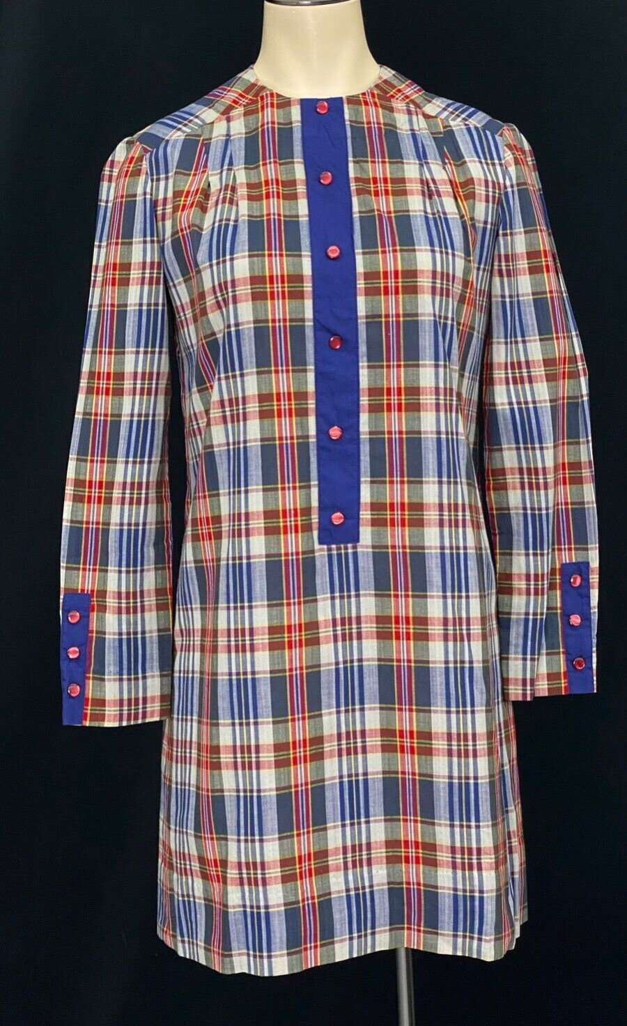 Vintage 1960s plaid mini dress, red white blue long sleeve 1970s cotton XS