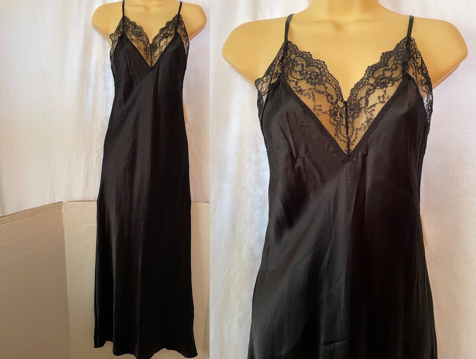 Vtg SATIN Long Nightgown Shiny Black Maxi Gown Small Undercover Wear Polyester
