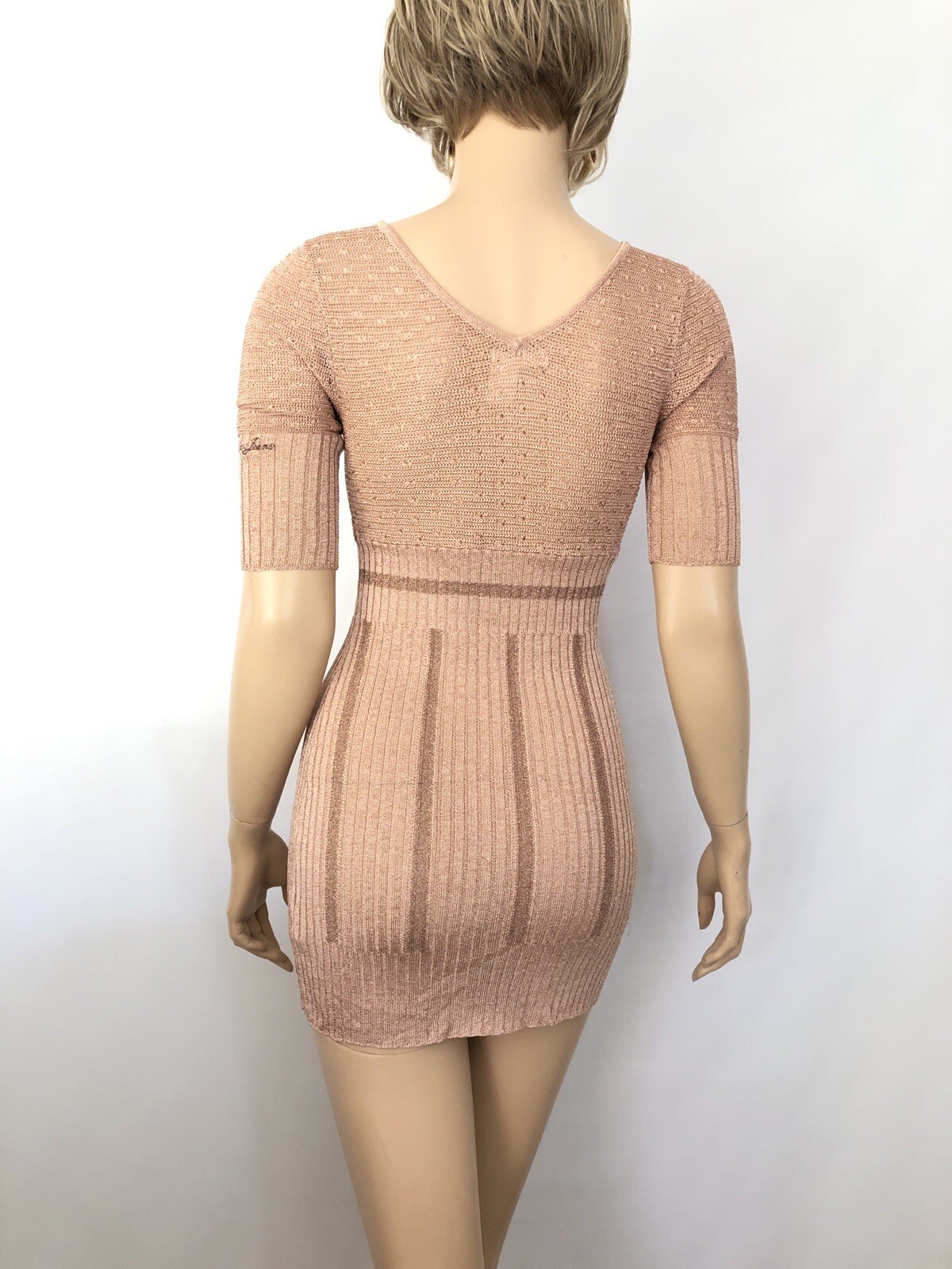Retro Knit Mini Sweater Dress Rose Gold Copper Crochet 90s Designer Vintage SM