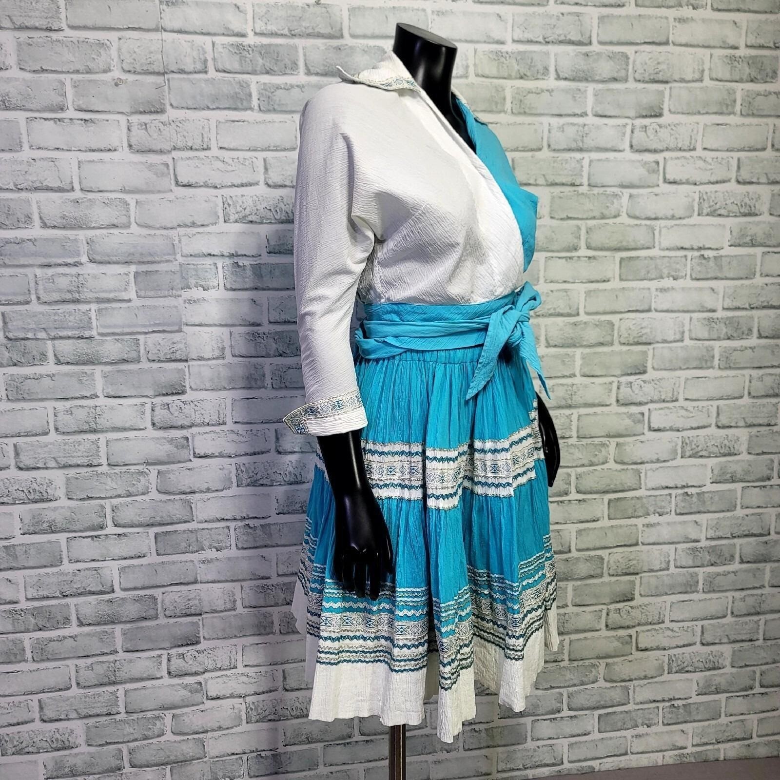 Vintage 70s Blue White Crinkle Cotton Skirt Wrap Top Set Boho Folk Square Dance