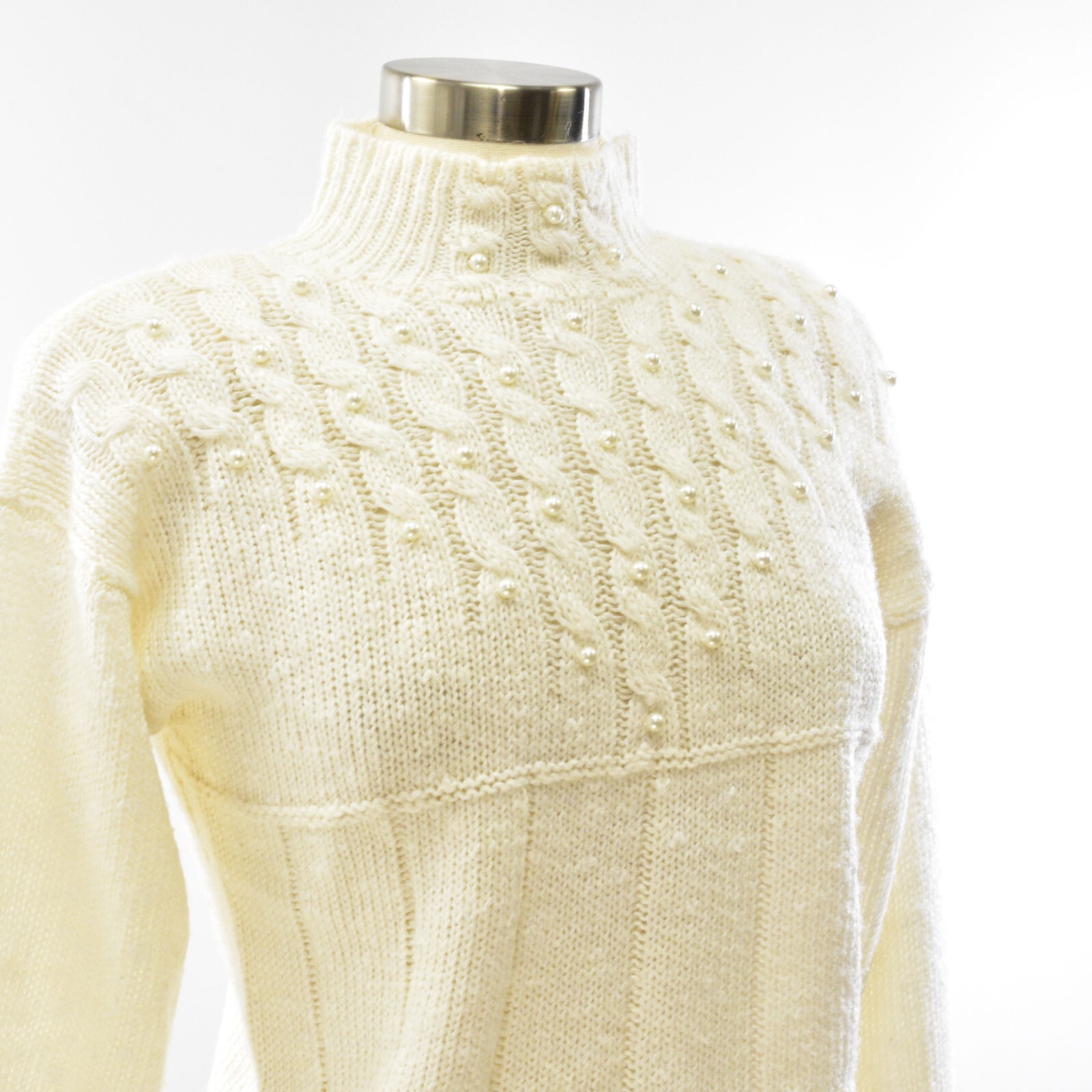 80s Vintage Sweater White Mock Neck Beaded Size M Spice Of Life