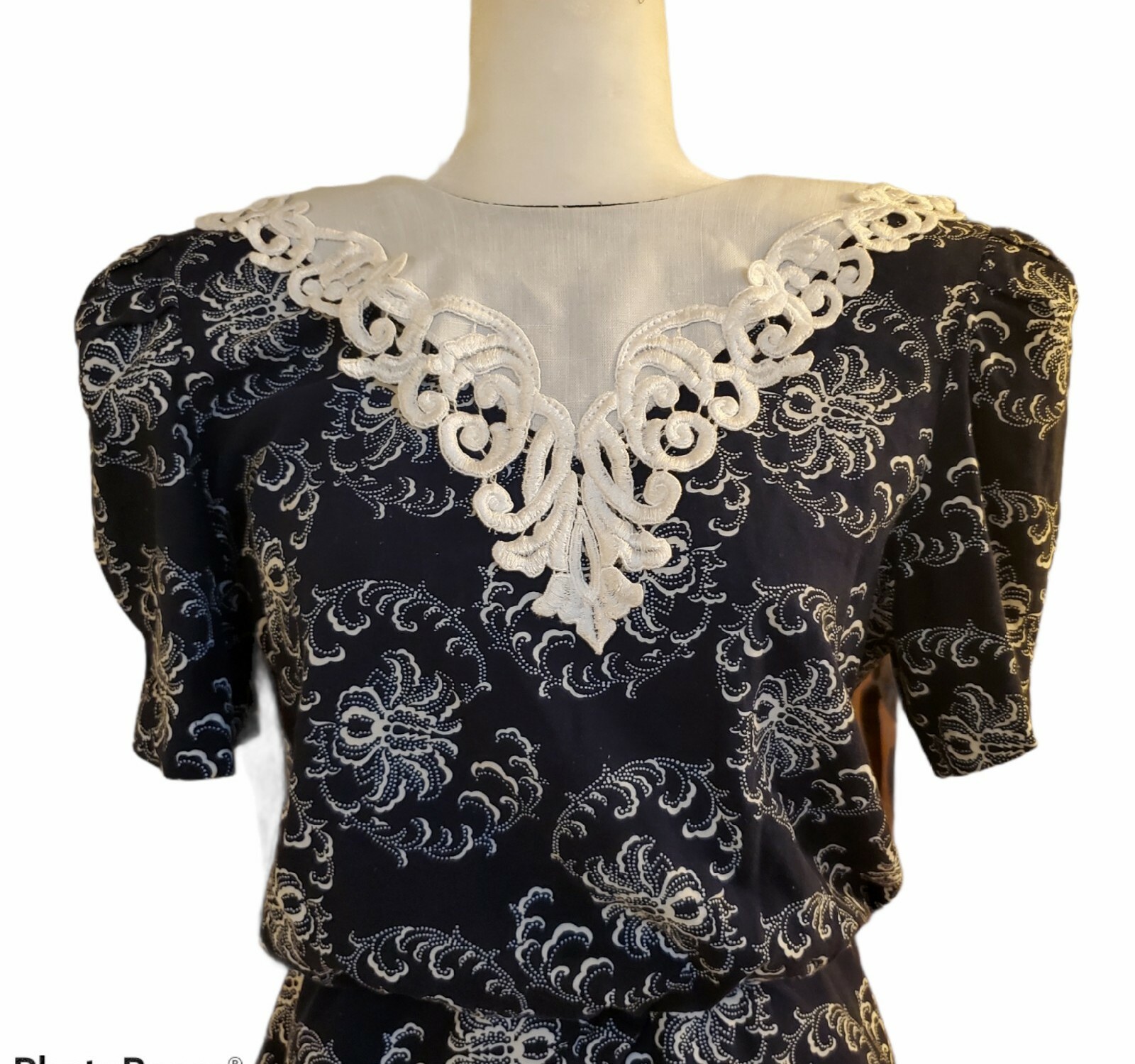 VTG 80s Lisa Petites Women’s 12 Dress Cottagecore Crochet Collar Navy Blue