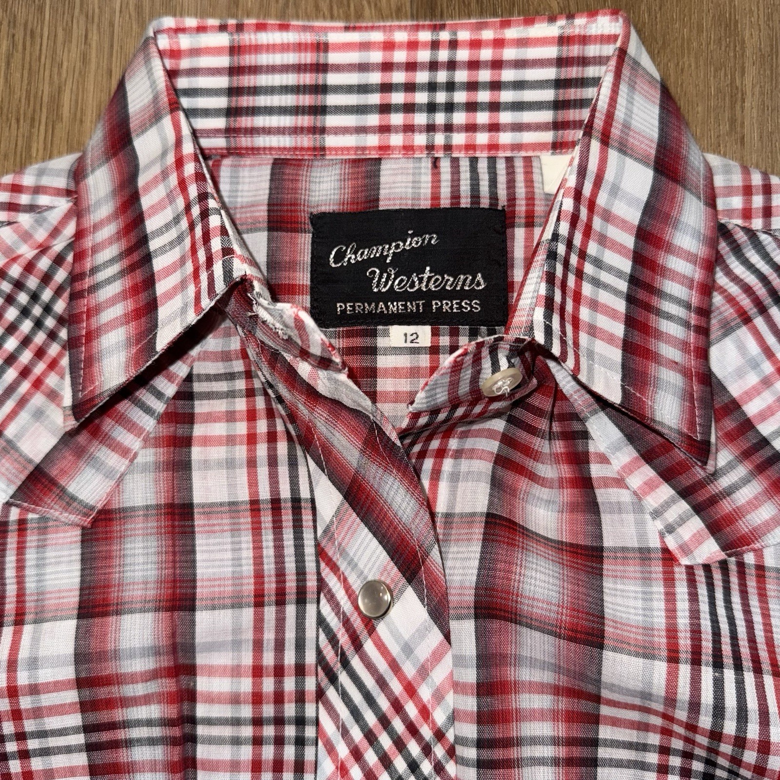 NOS Vtg 70s Pearl Snap Shirt Champion Western Womens 12 Rockabilly Rodeo Plaid