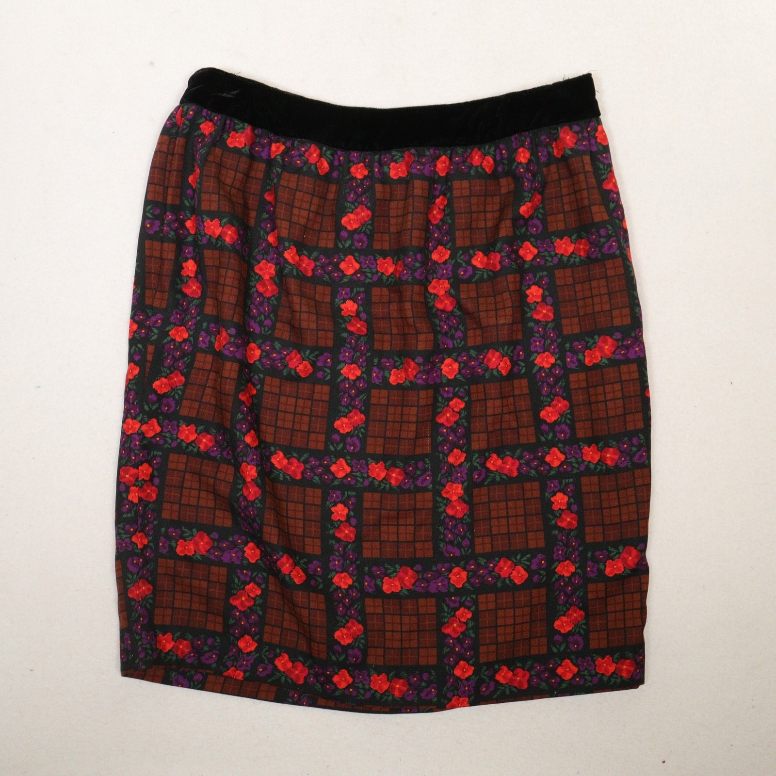 Vtg Oscar de la Renta Miss O Skirt Suit Floral Brown Plaid Velvet Trim Women 8