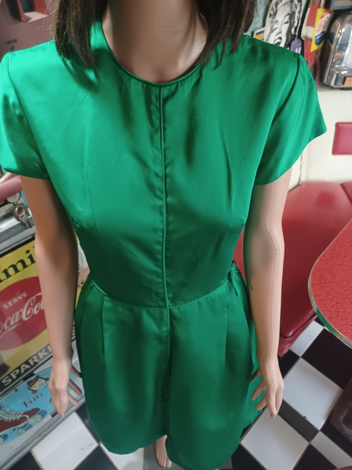 VTG Mid-century 40s 50s 60s Emerald Green Satin Cocktail Party Dress M Crinoline