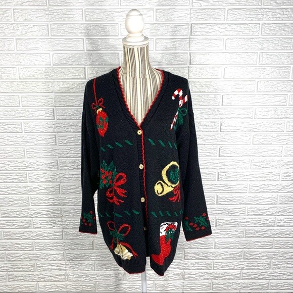 Vintage Style Studio Christmas Cardigan Sweater Size Large Ornaments Candy Cane