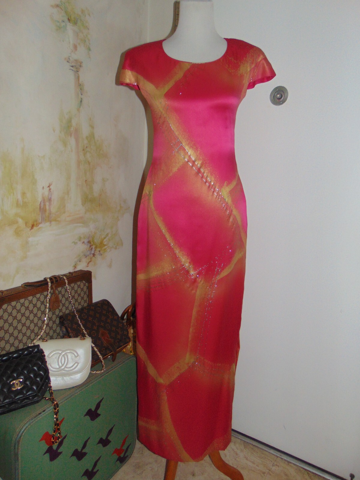 William Pearson Designer Vintage Dress Cheongsam Slit Rose Pink Gold Silver sz 6