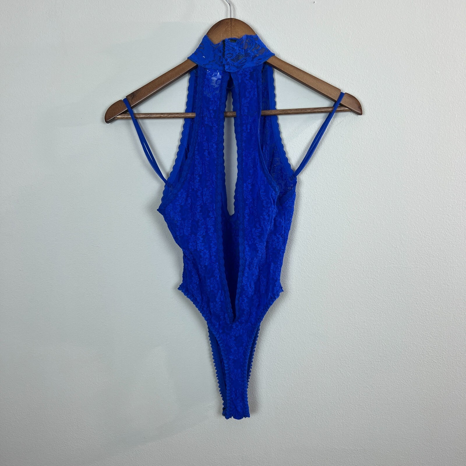 Andrea Kristoff Escante Lace Teddy M Blue Halter Cutout Sexy One Piece Vintage