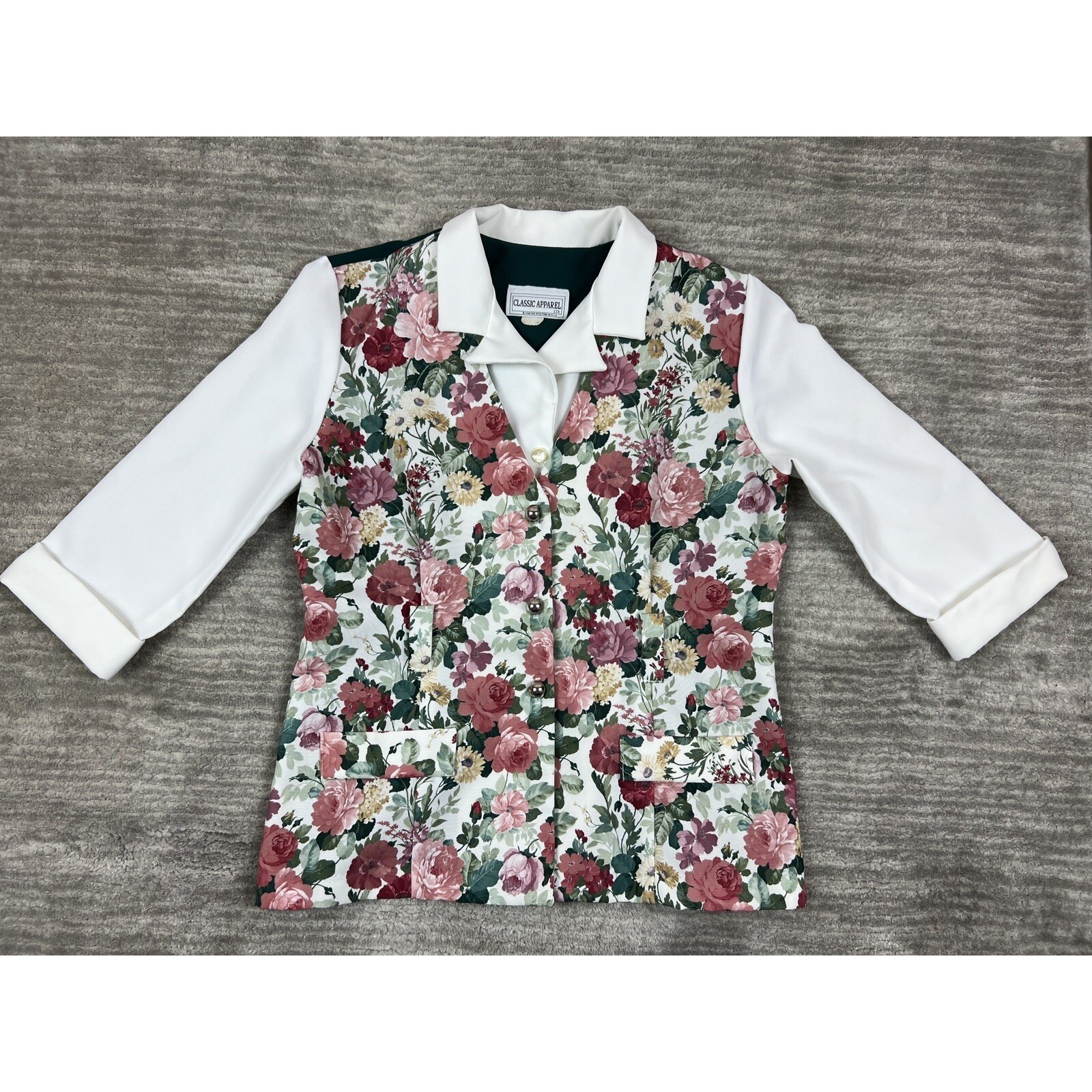 Classic Apparel Jacket Womens 12 White Floral Rose Print 3/4 Sleeve Button Front