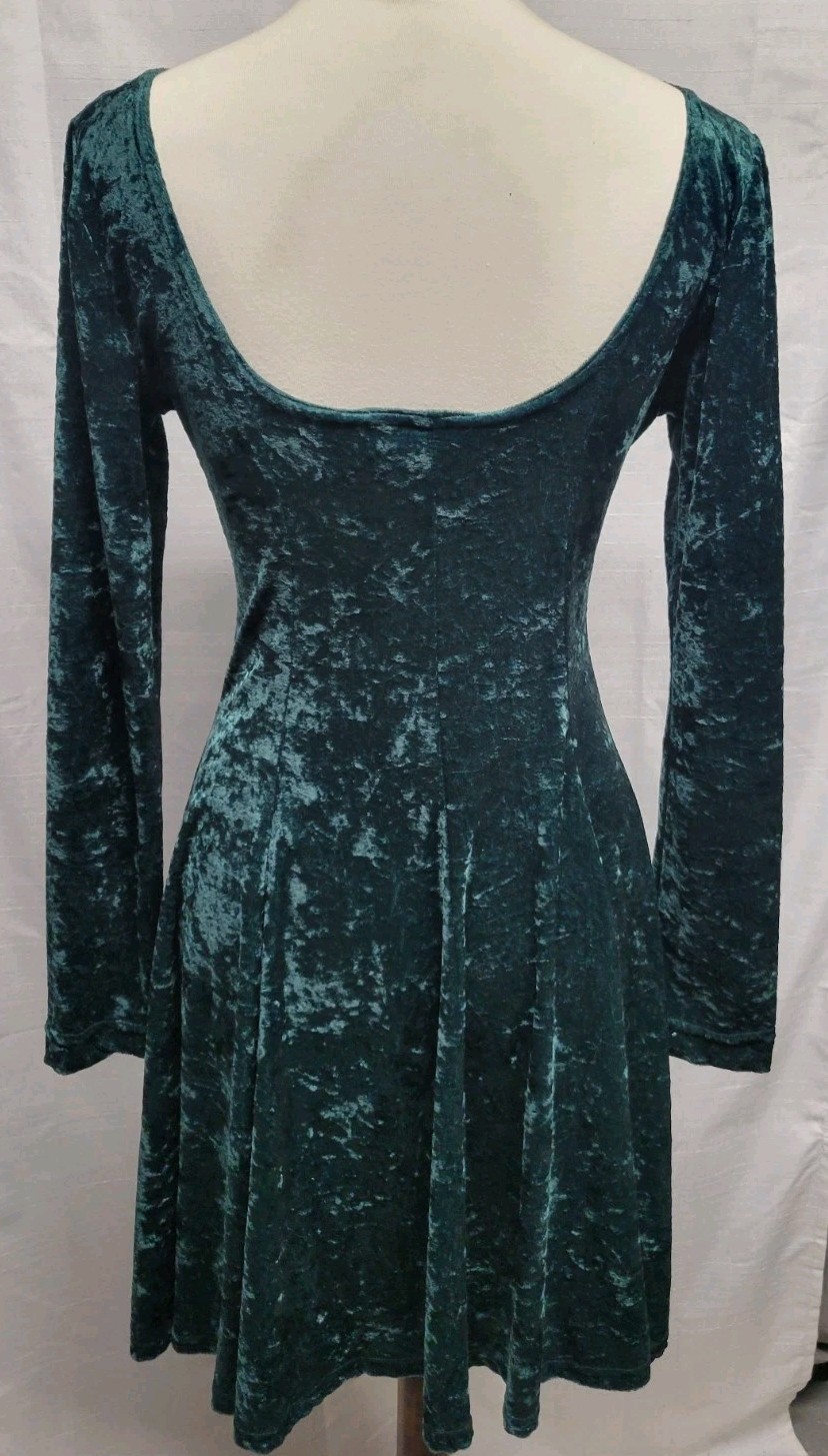 Vintage 90s Green Crushed Velvet Long Sleeve Knee Length Goth Punk Dress MadeUSA