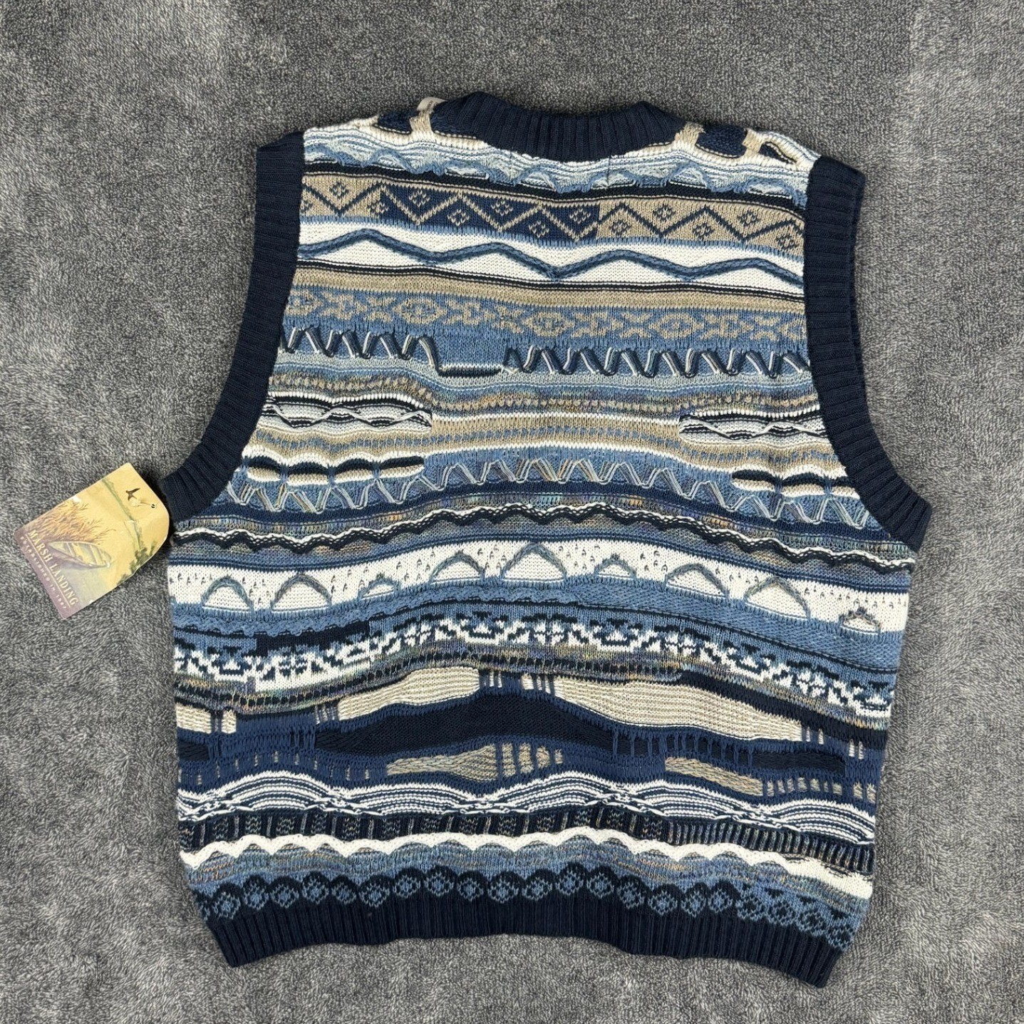 Marsh Landing Vintage 3D Textured Knit Sweater Vest Blue Geometric Womans S NWT