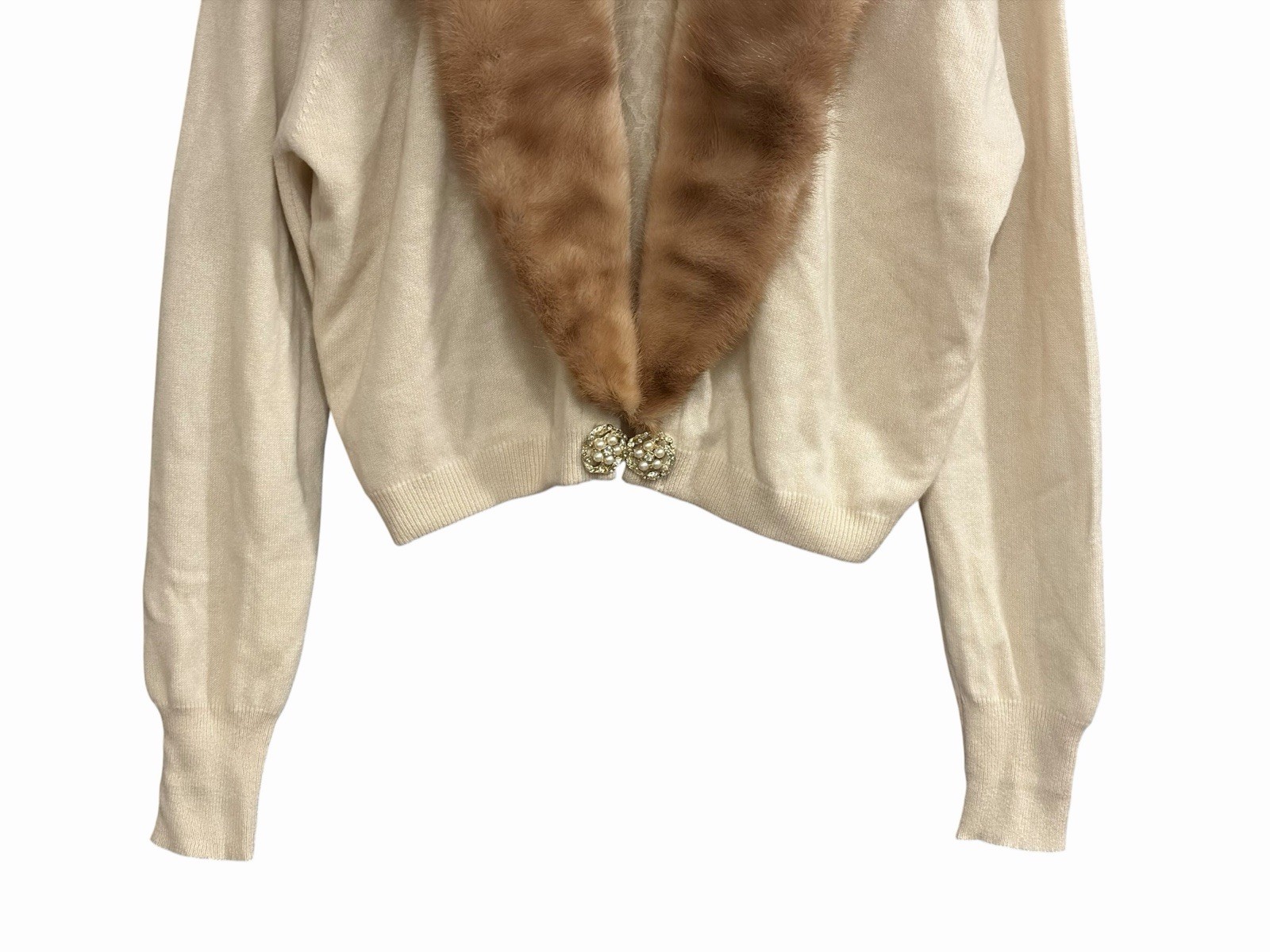 Vtg 1950s Dalton Ivory Cashmere Sweater Detachable Mink Collar Pearl Clasp PL