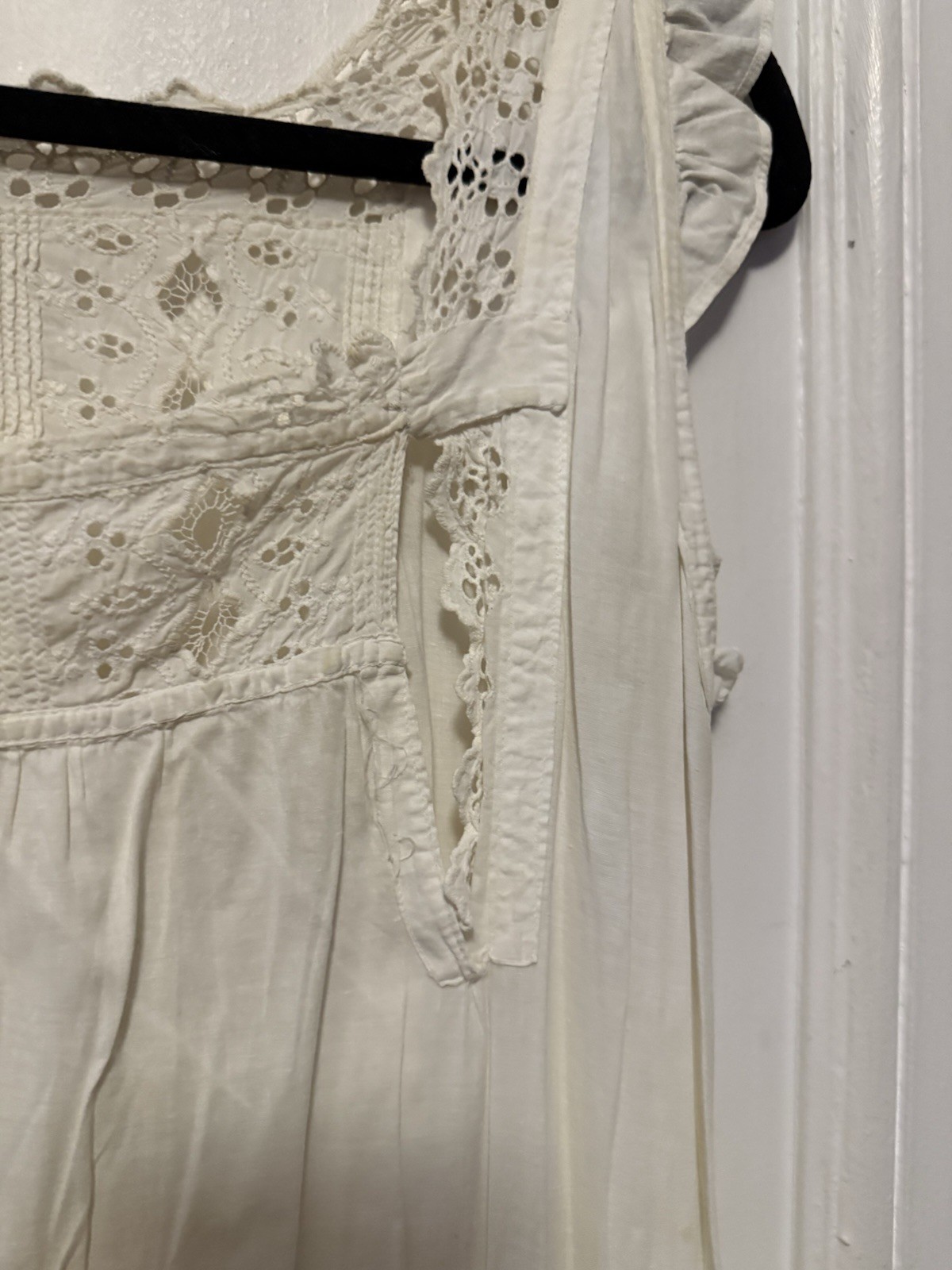 Antique 1910s Edwardian White Cotton Chemise Nightshirt Floral Embroidery Eyelet