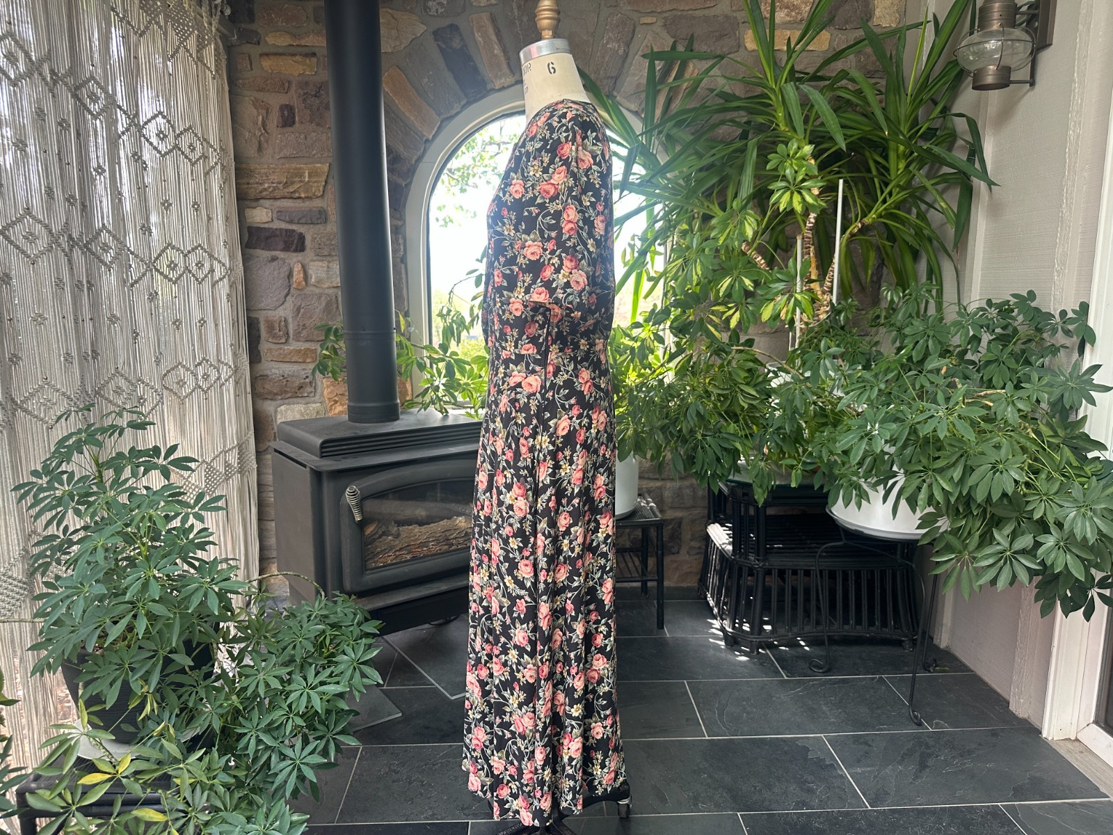 Vintage 1980s Black Pink Green Floral Rayon Dress