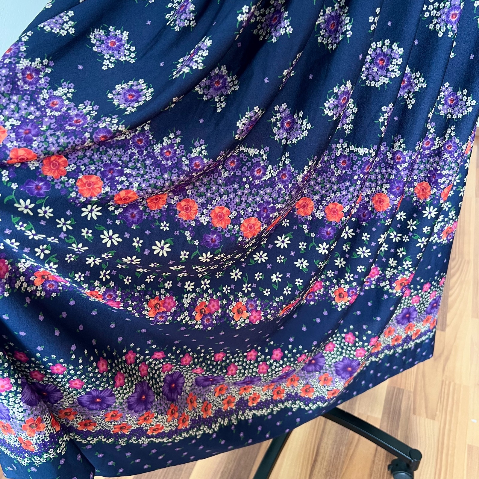 1970s Floral Pleated Maxi Skirt High Waist Boho Prairie Cottagecore Long Aline