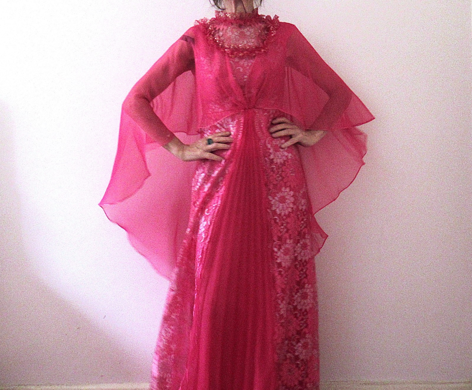 Vintage 70s Pink Lace Goddess Caplet Maxi Dress Small – Fairy Prom Party, Small