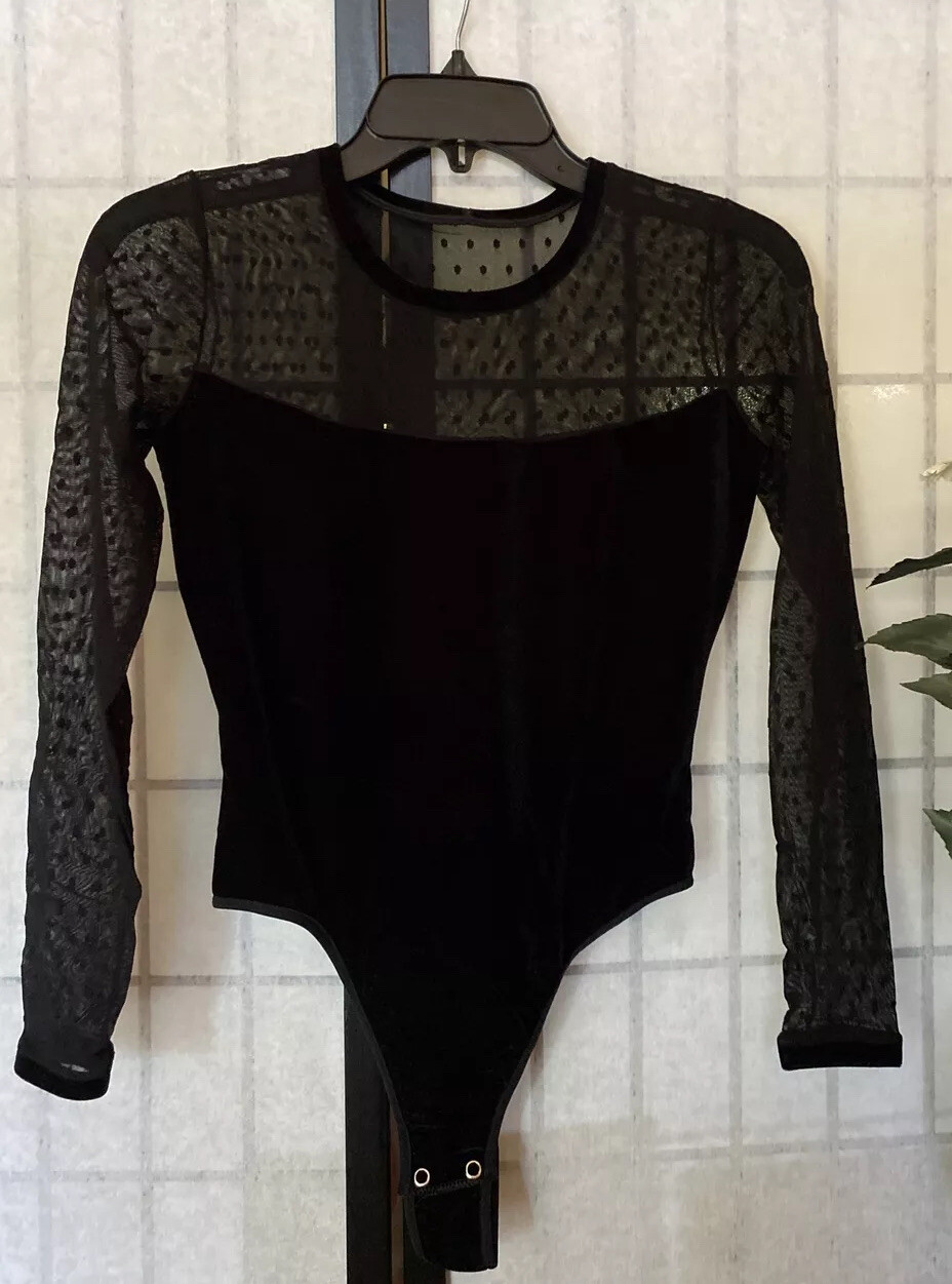 Didi Wom M VTG 90s Designer Boutique Sexy Stretch Velvet&Chiffon Thong Bodysuit