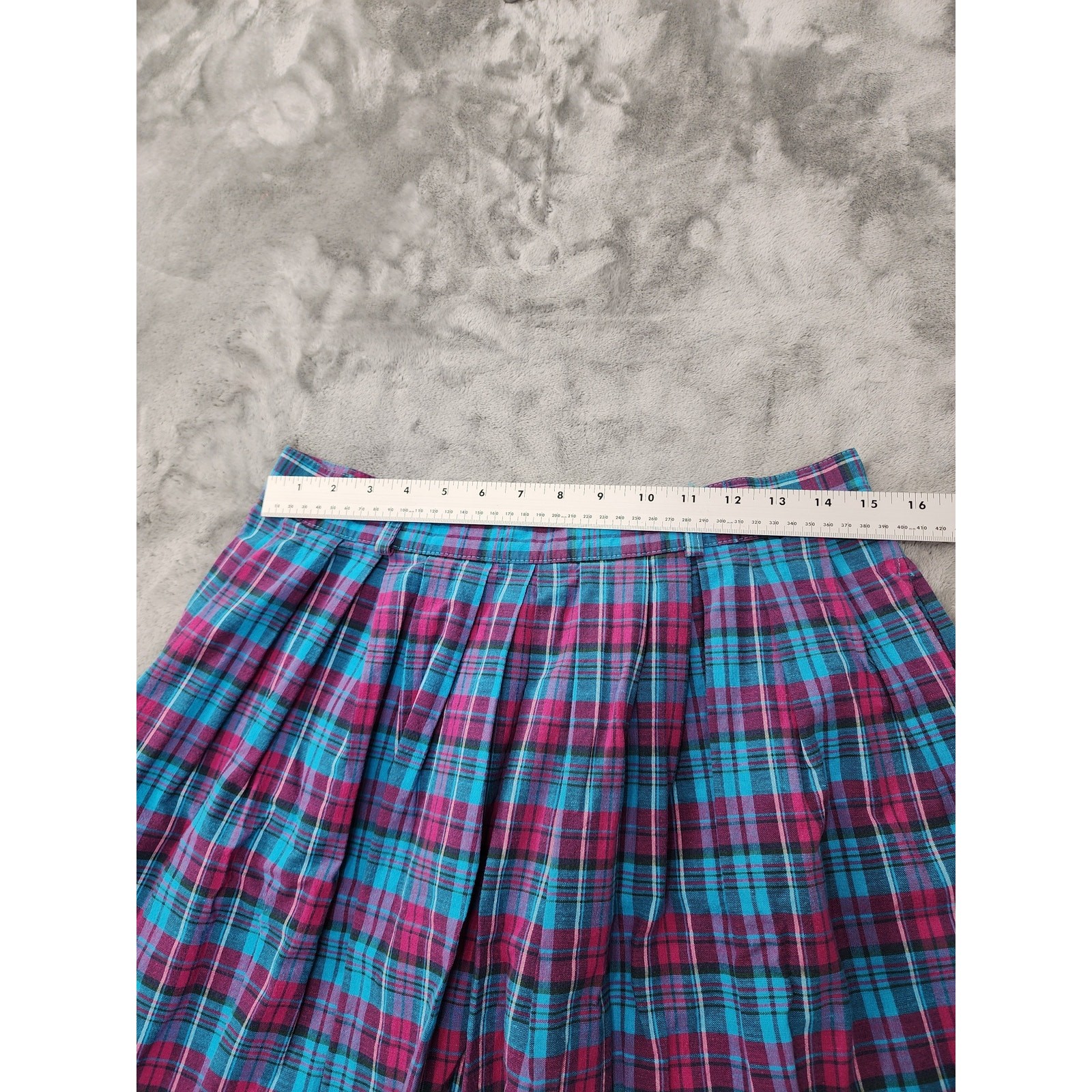 Vintage 80s Gotcha Covered Plaid Cotton Pleated Midi Skirt Size 14 Blue Preppy