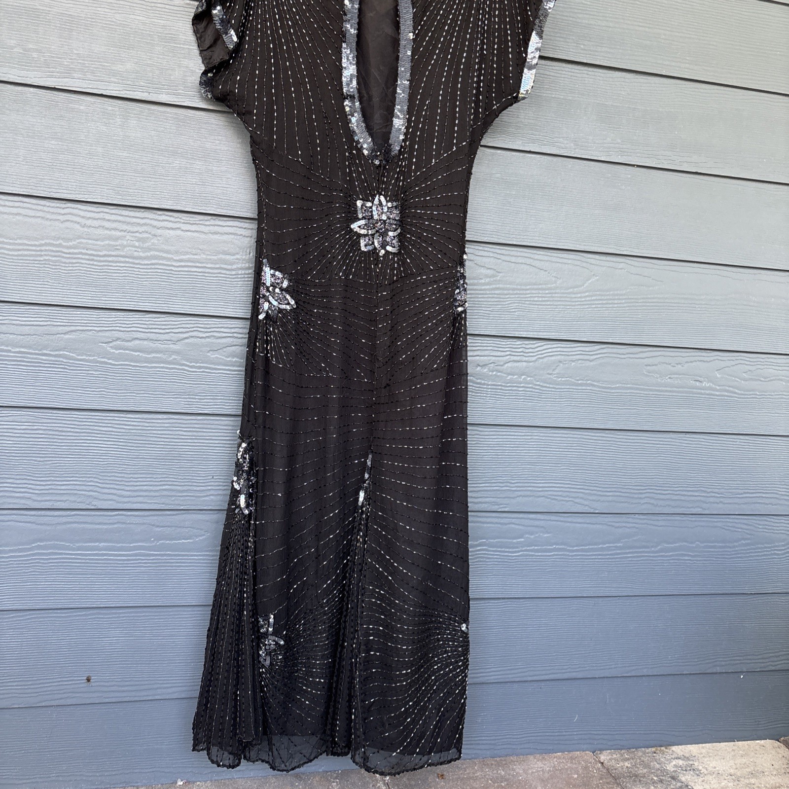 Vintage John Charles London Evening Gown Dress, Black Beaded Sequins, Size US-6
