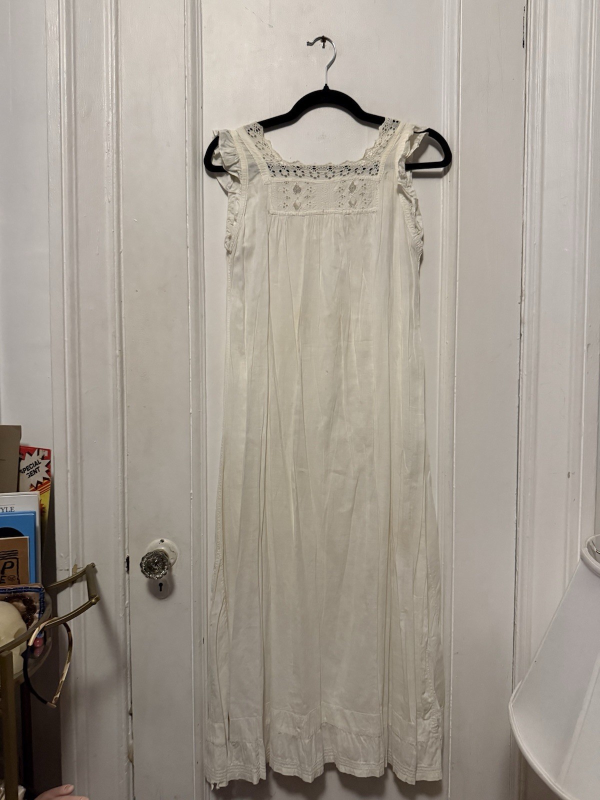 Antique 1910s Edwardian White Cotton Chemise Nightshirt Floral Embroidery Eyelet
