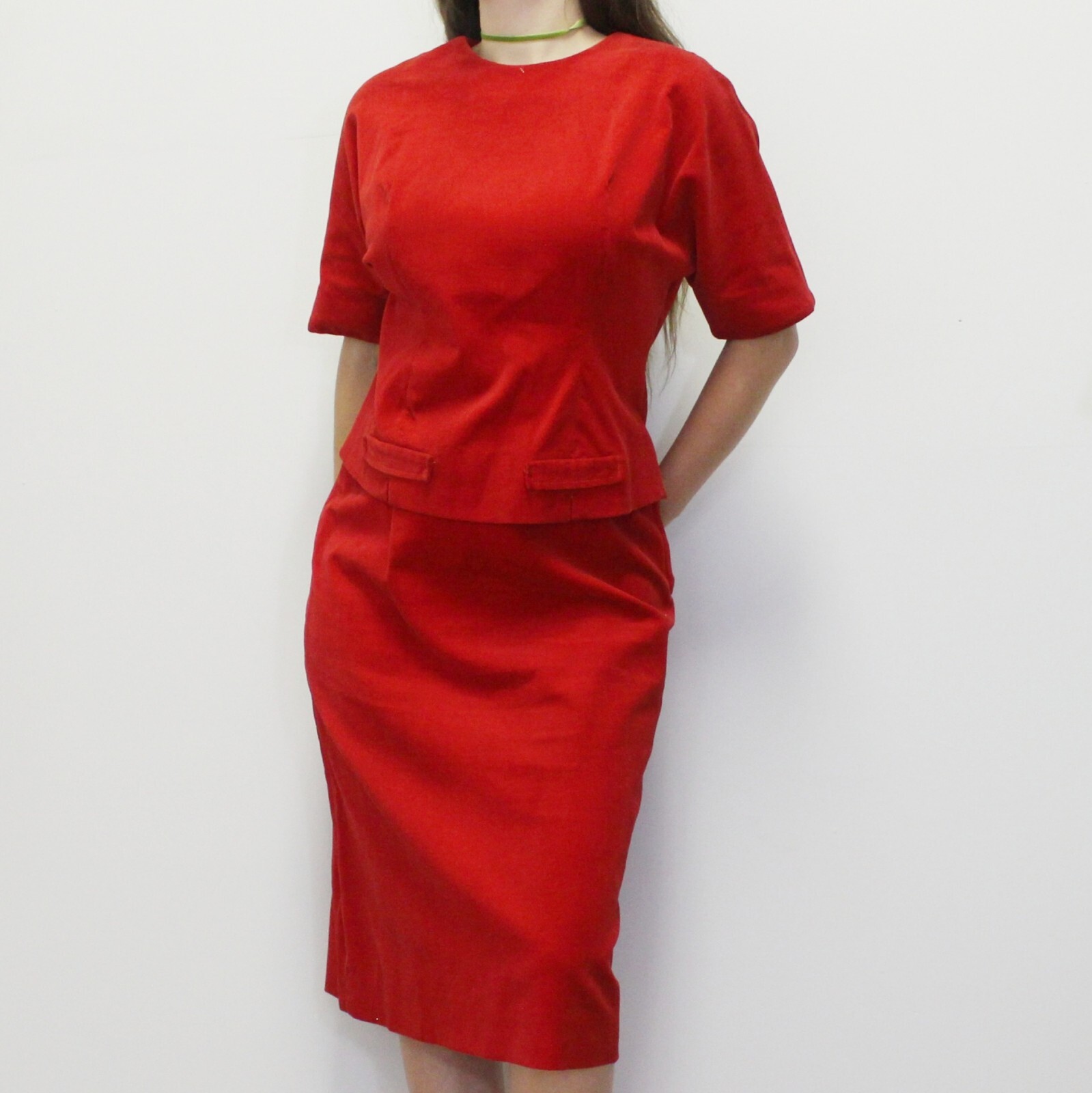 Vintage 60s Red Velvet Outfit Set Matching Skirt and Top Madison Wardrobe Maker