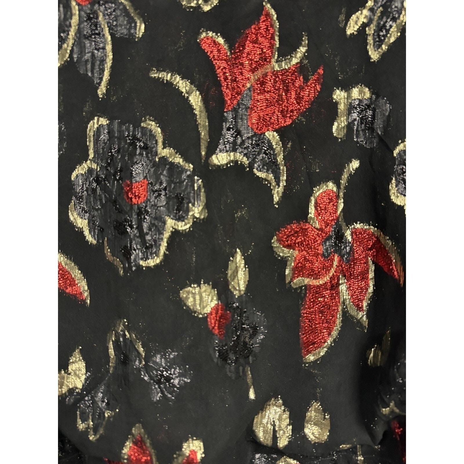 Lamé Metallic Blouse 80s Disco Lloyd Williams Red gold black Floral Top 14 New