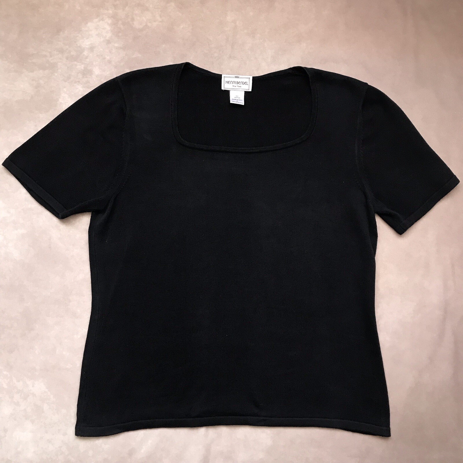 Vintage Henri Bendel New York 100% Cotton Black Square Neck Knit Top Made Italy
