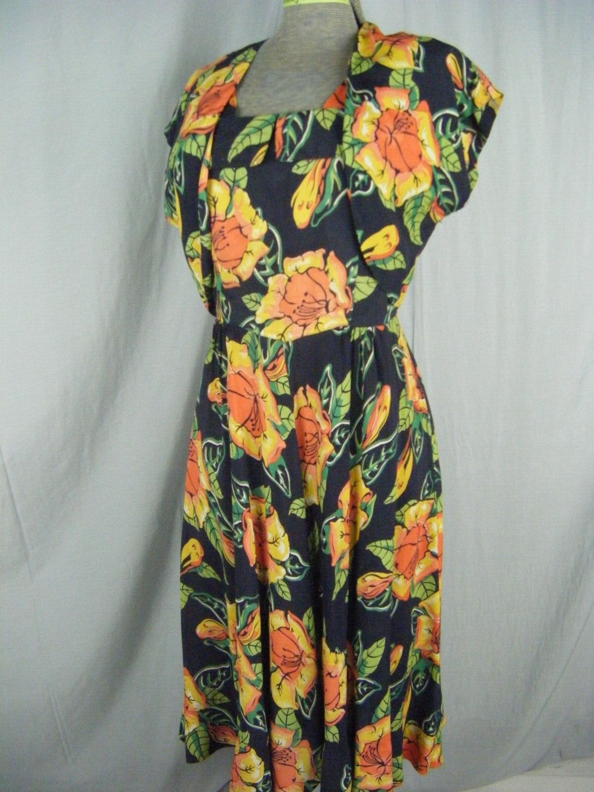 RARE Vtg 40s MALIHINI Black Yellow Rayon Summer Dress & Bolero-Bust 32/2XS