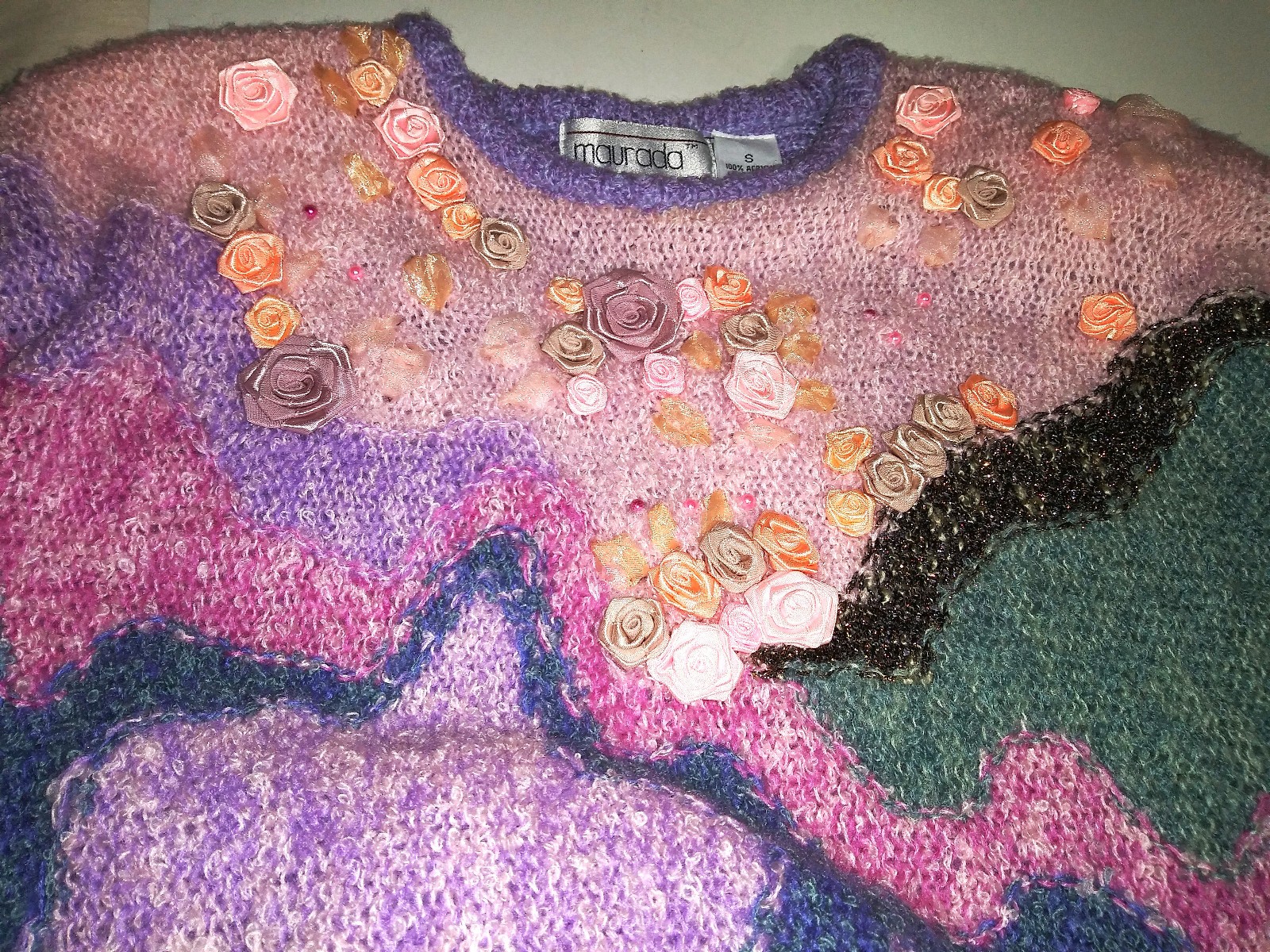 Vntg 80’s Maurada Pearl & Rosettes Embellished, Abstract Acrylic Sweater Size S