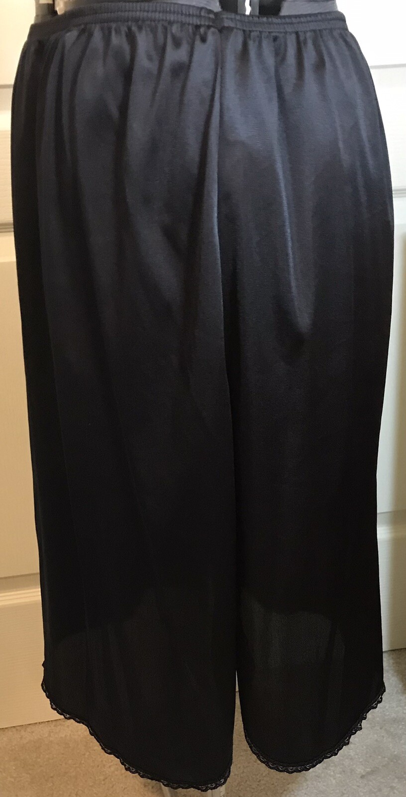 Vassarette Black 1/2 Slip L Elastic Waist USA Slit On Side Lace Trim Length 24”