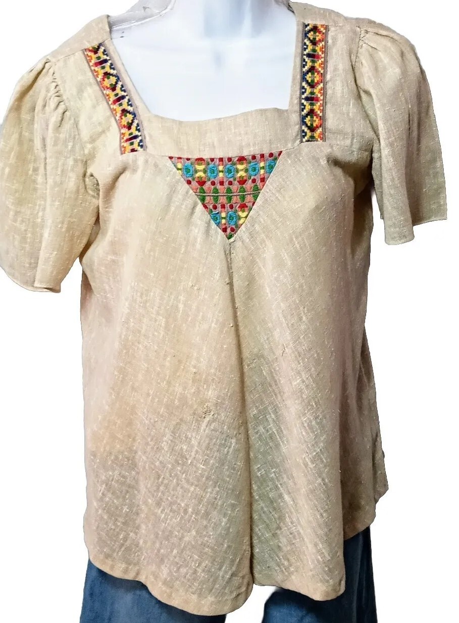 Vtg 70s Hippie Boho Jacquard Embroidered Trim Cotton Bell Sleeves Tunic Sz S/M