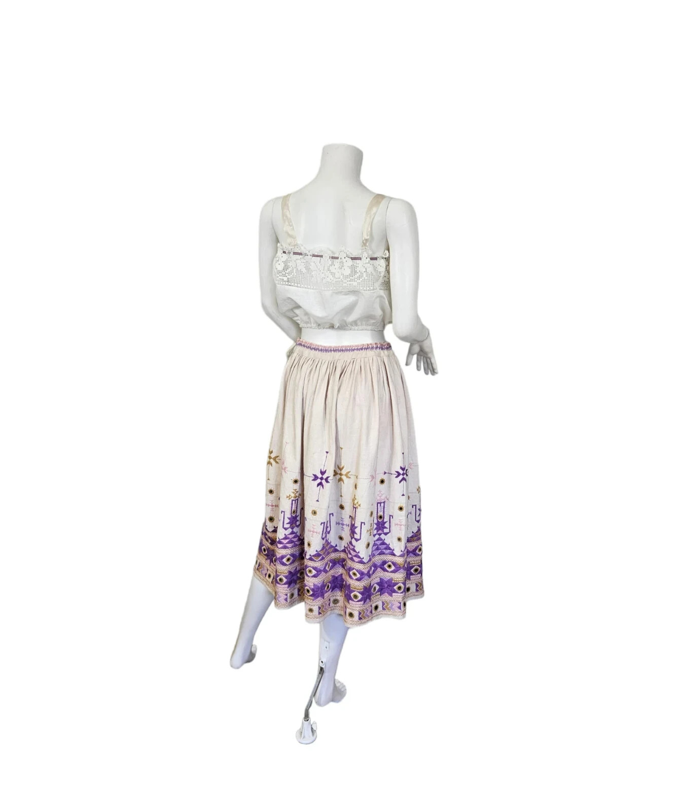 Vintage1970’s Taraliya Homespun Ivory Cotton Lavender Embroidered Mirrored Skirt
