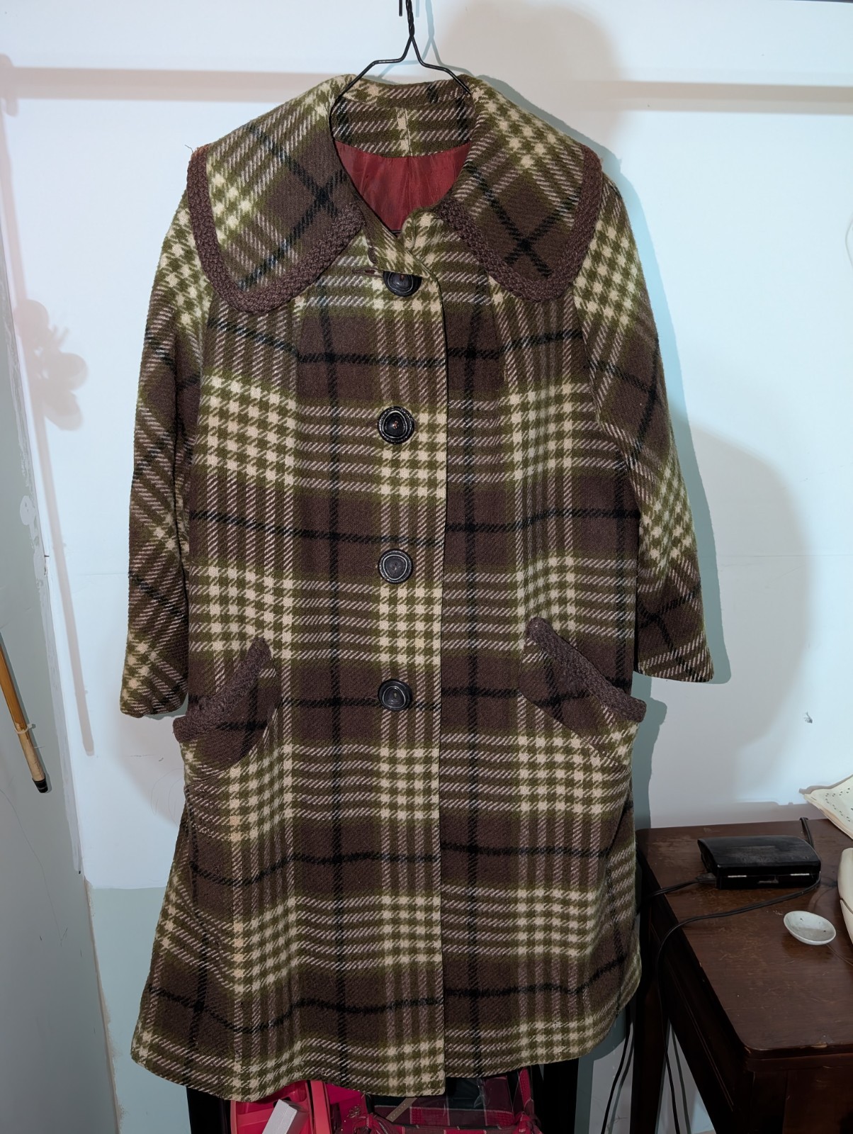 Vintage 1960s Plaid Wool Long Coat Junior Petite XS S Mod A-Line Trench Collar