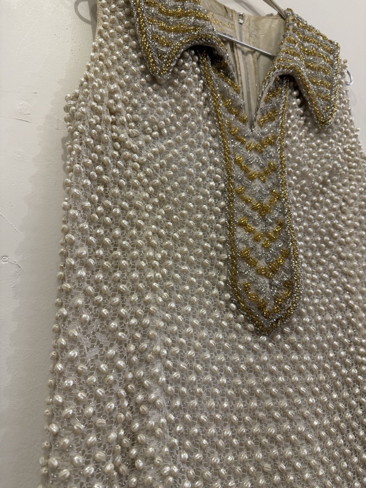 1960s Alexander’s Heavily Beaded Embellished Lace/Faux Pearl Mini Dress Couture