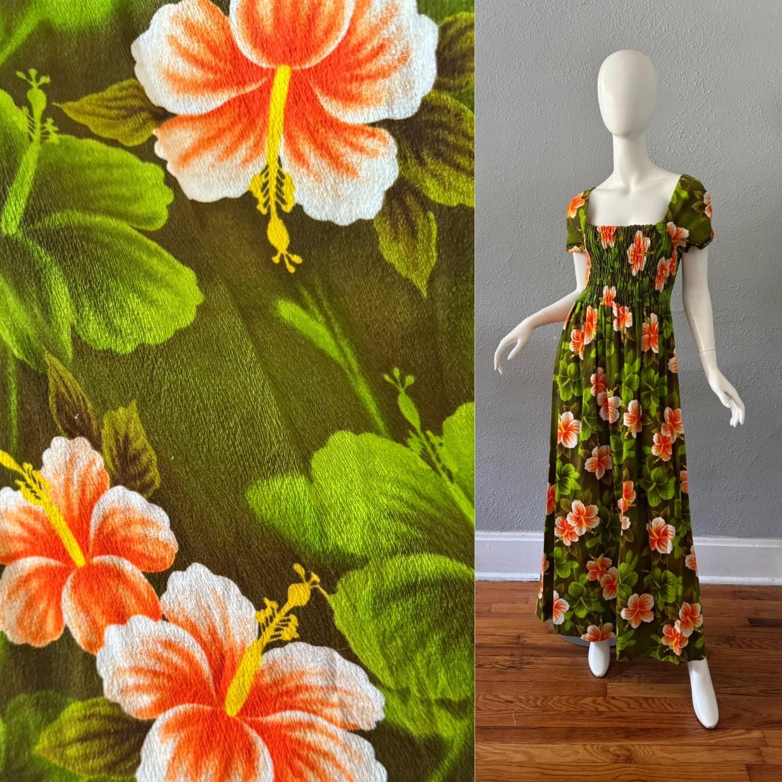 Vintage 60s Psychedelic Green Tropical HAWAIIAN Barkcloth Maxi Hippie Dress M