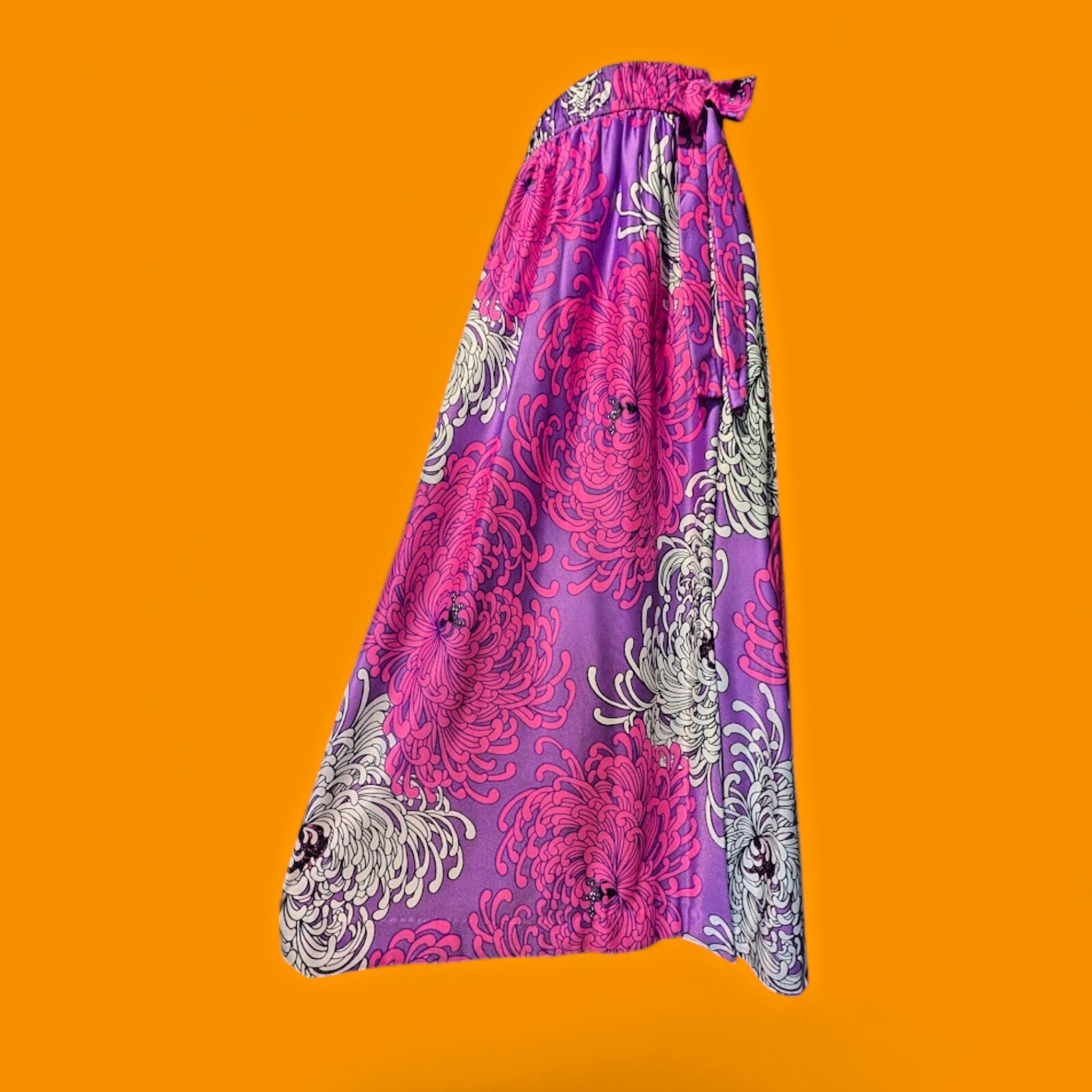 VTG 60S/70S MAXI SKIRT S purple pink crysanthemum floral mod gogo bow & slit 1I