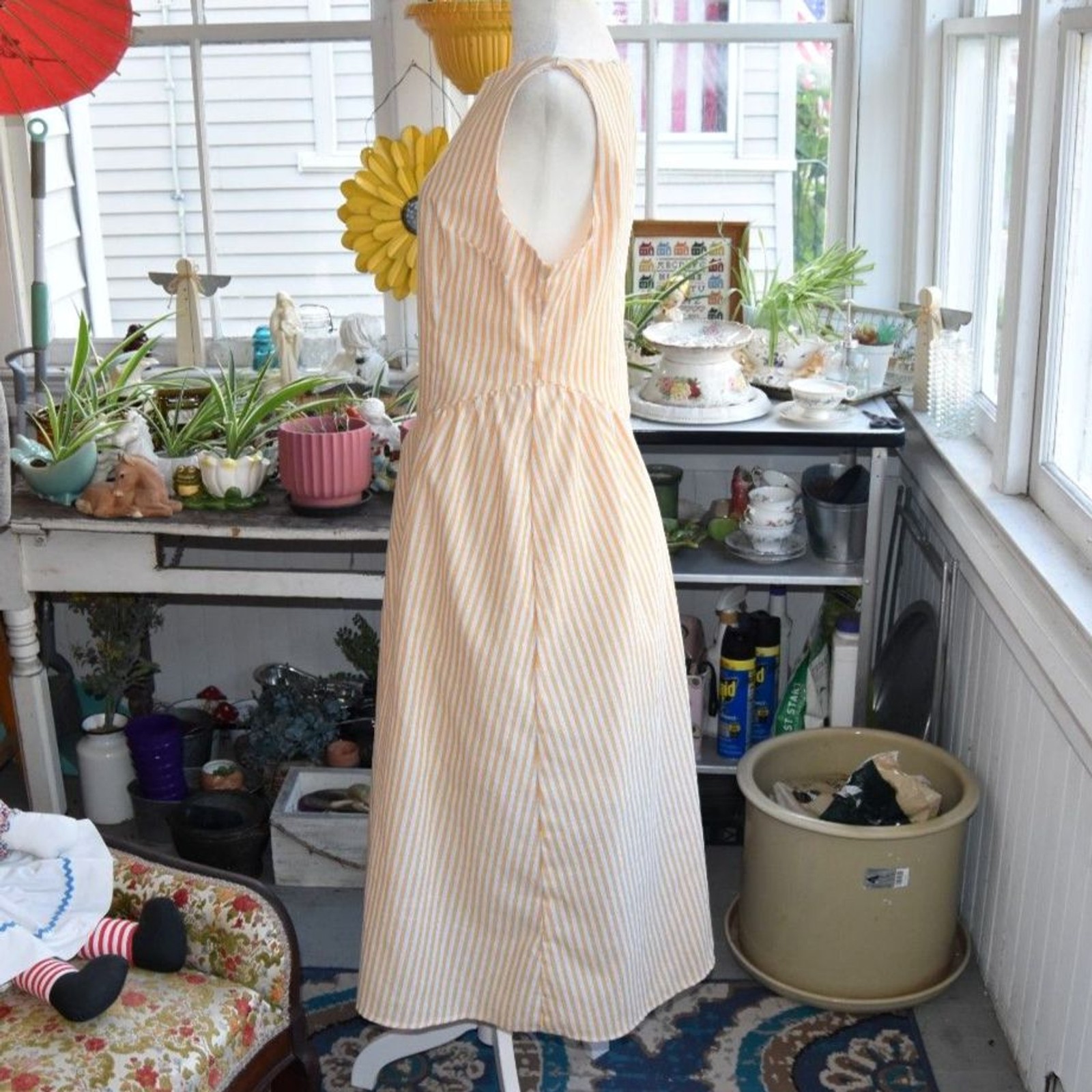 Vintage 60s Yellow White Striped Dress Side Zip Drop Waist Midi M