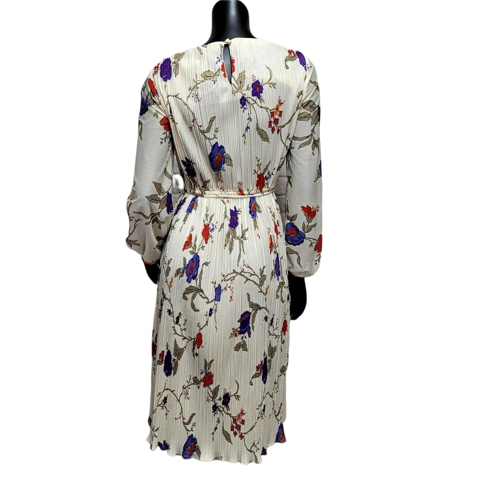 Liz Roberts Inc Vintage Floral Accordion Pleat Midi Dress Cream Purple Red 7/8