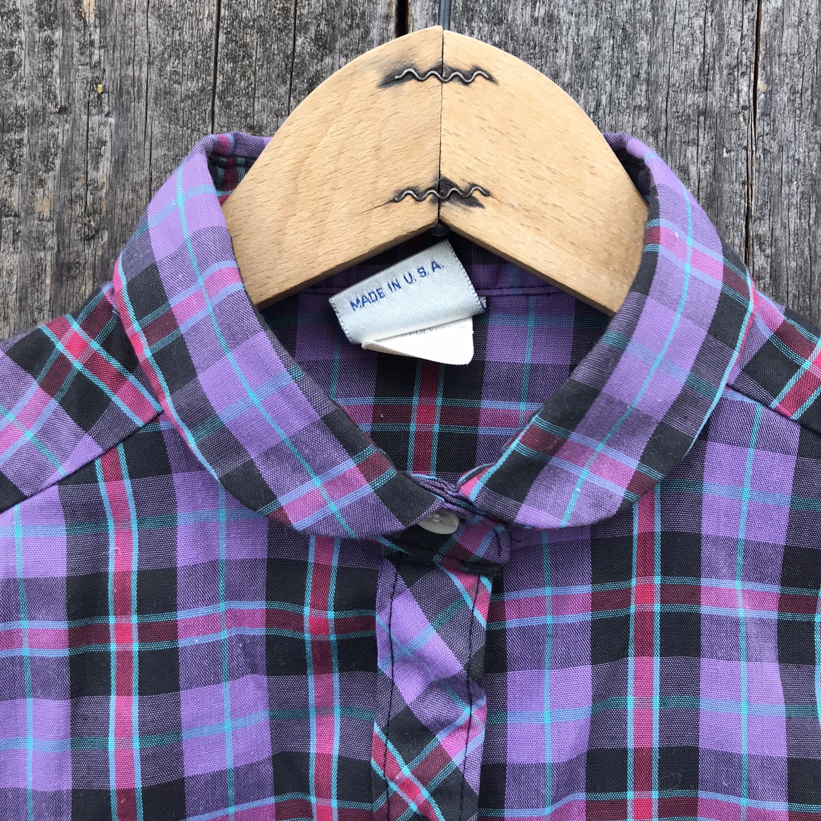 Vintage 80s Wrangler Cowgirl Peter Pan Collar Plaid Blouse Jrs 5 (Small) Reg XS